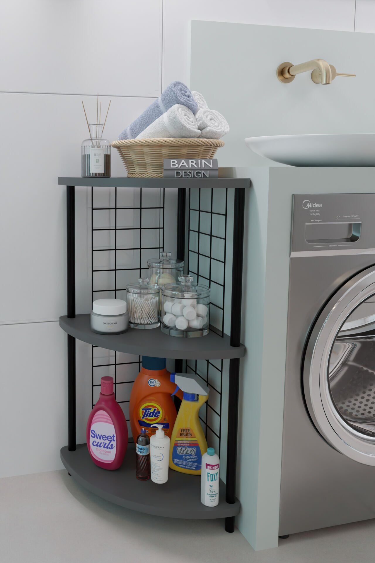 3 Raflıı Köşe Raf Banyo ve Çamaşır Odası Çok Amaçlı Düzenleyici Metal Gövde Çevir Kur Kolay Kurulum Antrasit