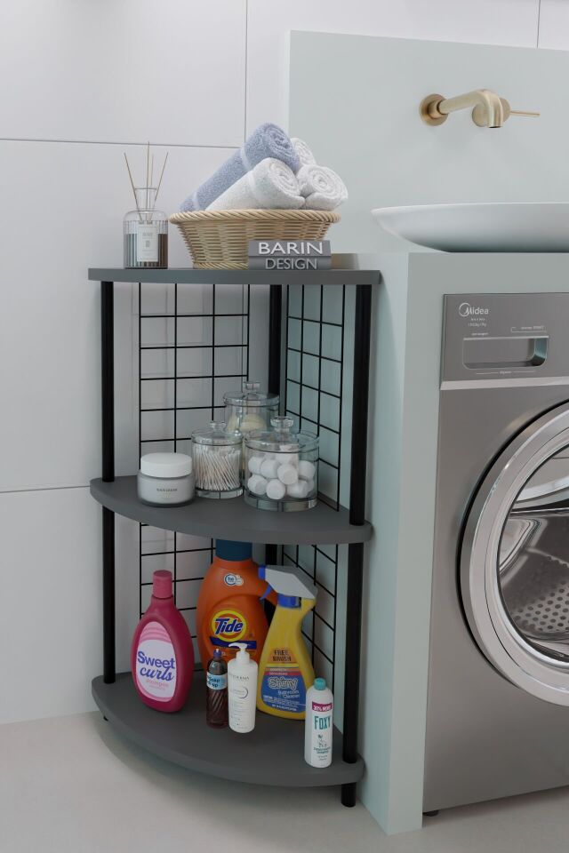 Barın Design 3 Raflı Köşe Raf Banyo ve Çamaşır Odası Çok Amaçlı Düzenleyici Metal Gövde Çevir Kur Kolay Kurulum Antrasit
