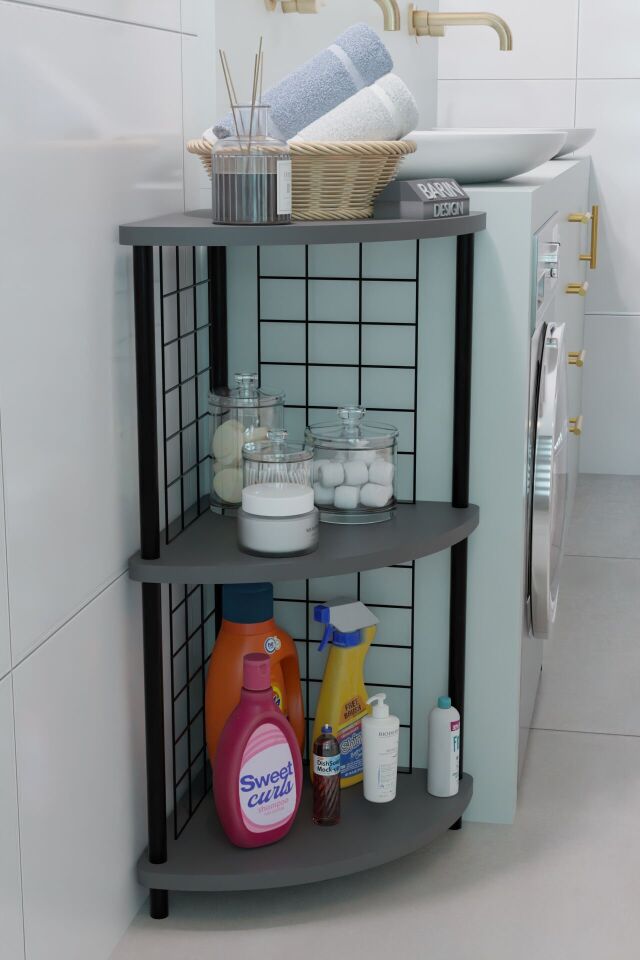 3 Raflı Köşe Raf Banyo ve Çamaşır Odası Çok Amaçlı Düzenleyici Metal Gövde Çevir Kur Kolay Kurulum Antrasit