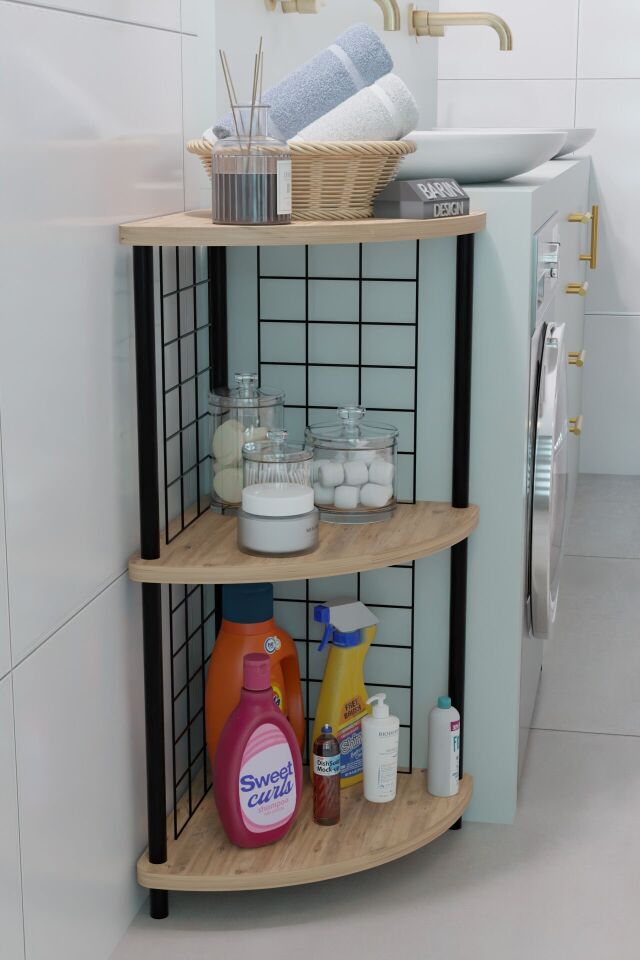 3 Raflı Köşe Raf Banyo ve Çamaşır Odası Çok Amaçlı Düzenleyici Metal Gövde Çevir Kur Kolay Kurulum Atlantik Çam
