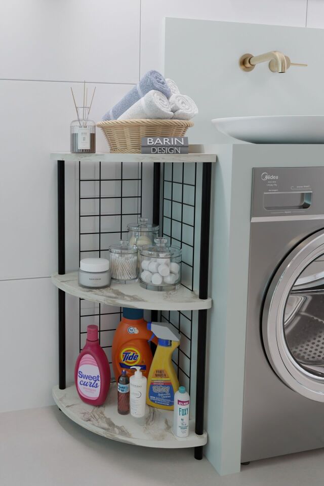 3 Raflıı Köşe Raf Banyo ve Çamaşır Odası Çok Amaçlı Düzenleyici Metal Gövde Çevir Kur Kolay Kurulum Beyaz Mermer
