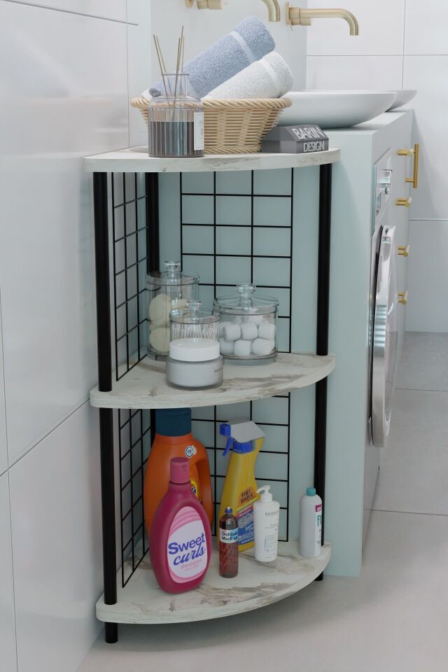 3 Raflı Köşe Raf Banyo ve Çamaşır Odası Çok Amaçlı Düzenleyici Metal Gövde Çevir Kur Kolay Kurulum Beyaz Mermer