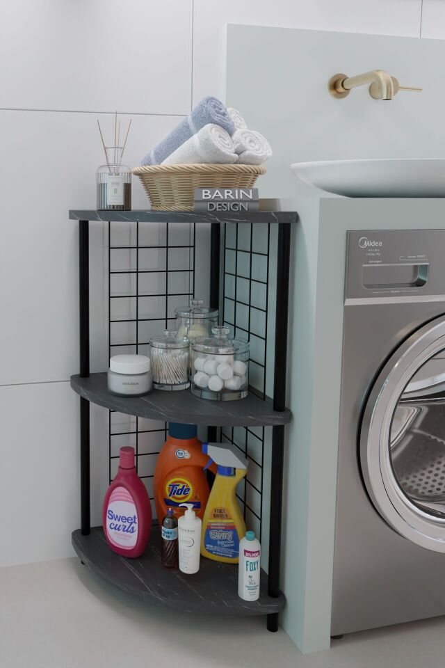 3 Raflı Köşe Raf Banyo ve Çamaşır Odası Çok Amaçlı Düzenleyici Metal Gövde Çevir Kur Kolay Kurulum Siyah Mermer