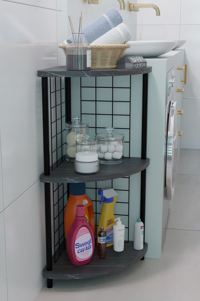 3 Raflı Köşe Raf Banyo ve Çamaşır Odası Çok Amaçlı Düzenleyici Metal Gövde Çevir Kur Kolay Kurulum Siyah Mermer