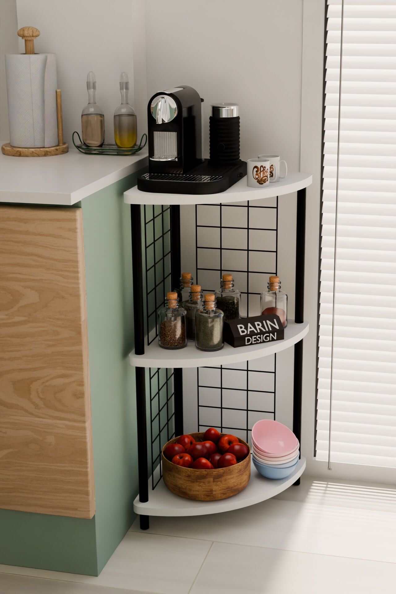 3 Raflı Mutfak Köşe Raf Ünitesi Çevir-Kur Çok Amaçlı Raf Sistemli Organizer Metal Gövdeli Raf Dolap Beyaz