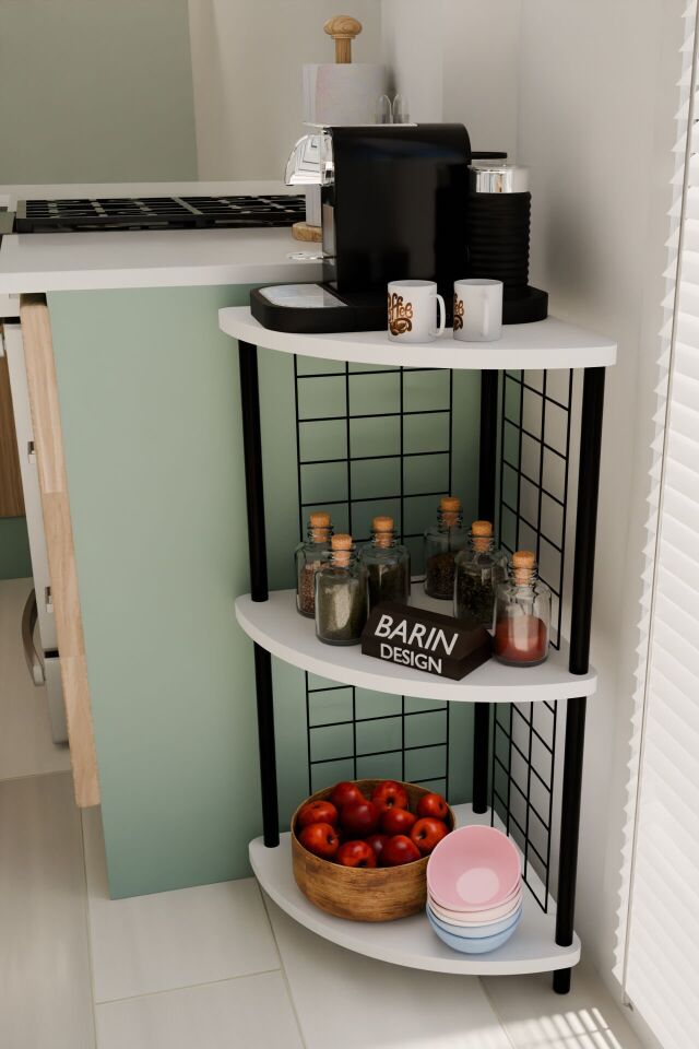 3 Raflı Mutfak Köşe Raf Ünitesi Çevir-Kur Çok Amaçlı Raf Sistemli Organizer Metal Gövdeli Raf Dolap Beyaz