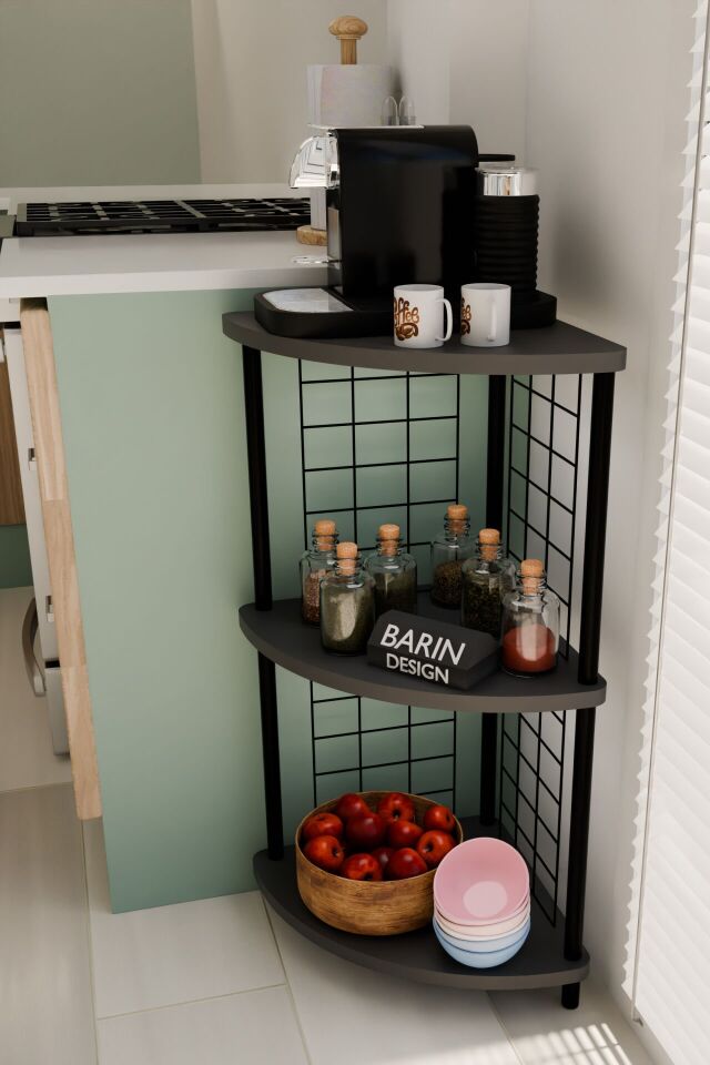 3 Raflı Mutfak Köşe Raf Ünitesi Çevir-Kur Çok Amaçlı Raf Sistemli Organizer Metal Gövdeli Raf Dolap Antrasit