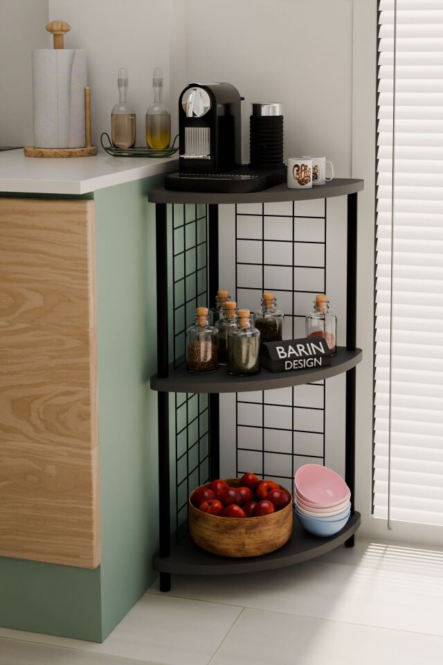 Barın Design 3 Raflı Mutfak Köşe Raf Ünitesi Çevir-Kur Çok Amaçlı Raf Sistemli Organizer Metal Gövdeli Raf Dolap Antrasit