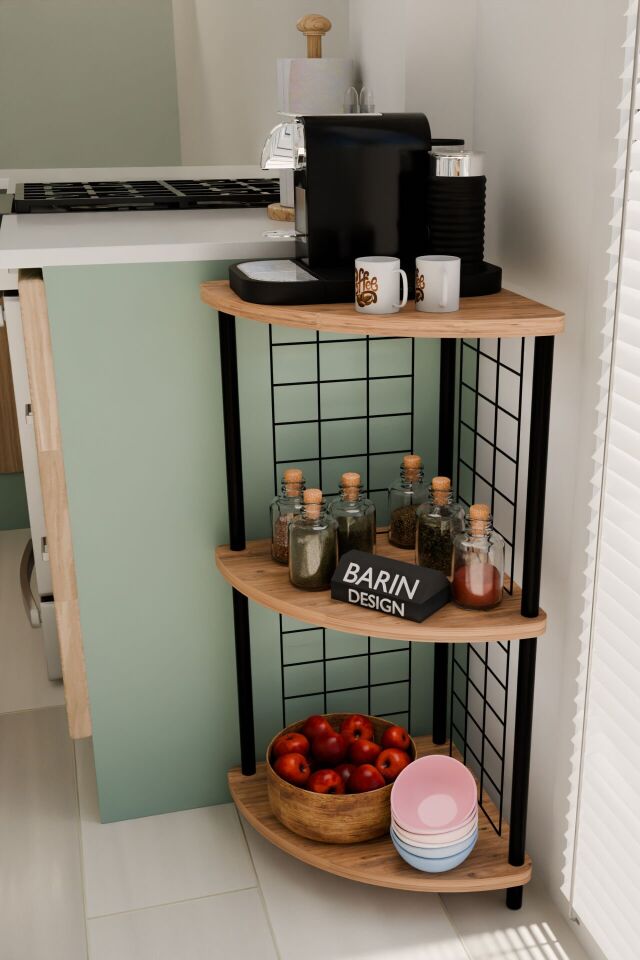 3 Raflı Mutfak Köşe Raf Ünitesi Çevir-Kur Çok Amaçlı Raf Sistemli Organizer Metal Gövdeli Raf Dolap Atlantik Çam