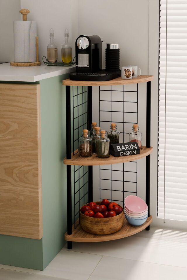 Barın Design 3 Raflı Mutfak Köşe Raf Ünitesi Çevir-Kur Çok Amaçlı Raf Sistemli Organizer Metal Gövdeli Raf Dolap Atlantik Çam