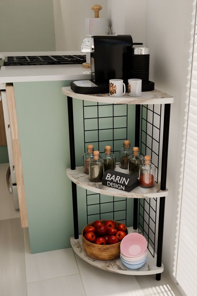 Barın Design 3 Raflı Mutfak Köşe Raf Ünitesi Çevir-Kur Çok Amaçlı Raf Sistemli Organizer Metal Gövdeli Raf Dolap Beyaz Mermer