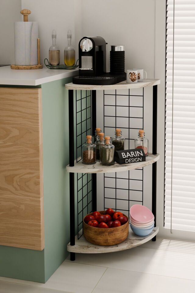 Barın Design 3 Raflı Mutfak Köşe Raf Ünitesi Çevir-Kur Çok Amaçlı Raf Sistemli Organizer Metal Gövdeli Raf Dolap Beyaz Mermer