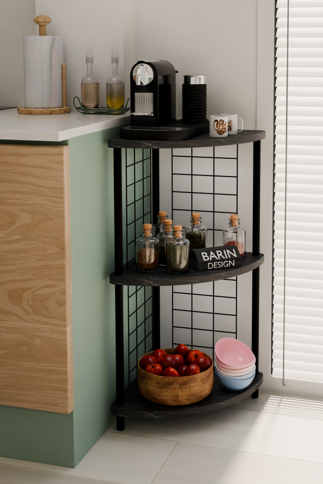 Barın Design 3 Raflı Mutfak Köşe Raf Ünitesi Çevir-Kur Çok Amaçlı Raf Sistemli Organizer Metal Gövdeli Raf Dolap Siyah Mermer