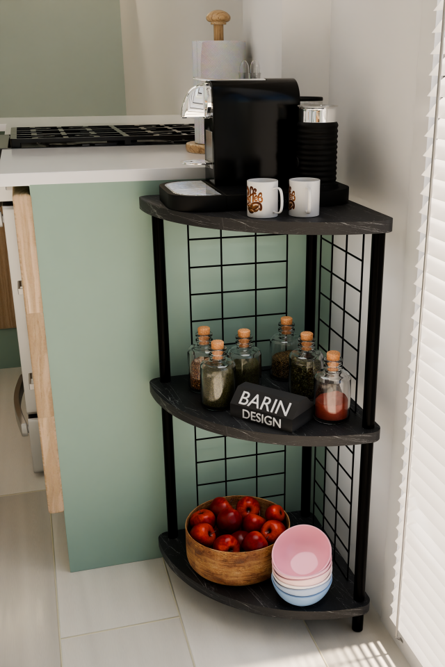 3 Raflı Mutfak Köşe Raf Ünitesi Çevir-Kur Çok Amaçlı Raf Sistemli Organizer Metal Gövdeli Raf Dolap Siyah Mermer