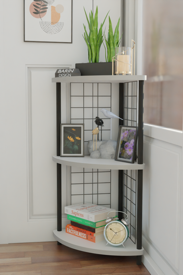 Barın Design 3Raflı Metal Telli Köşe Kitaplık Çevir-Kur Raf Ünitesi Modern Salon Dekoratif Raf Ofis Çalışma Odası Beyaz