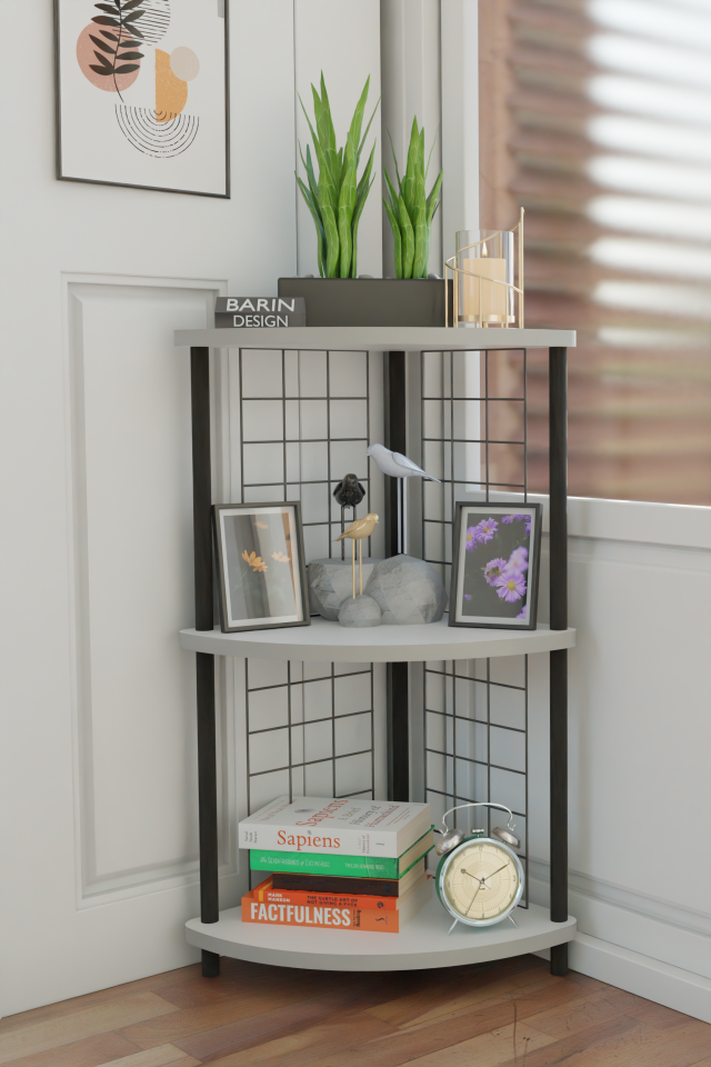 Barın Design 3Raflı Metal Telli Köşe Kitaplık Çevir-Kur Raf Ünitesi Modern Salon Dekoratif Raf Ofis Çalışma Odası Beyaz