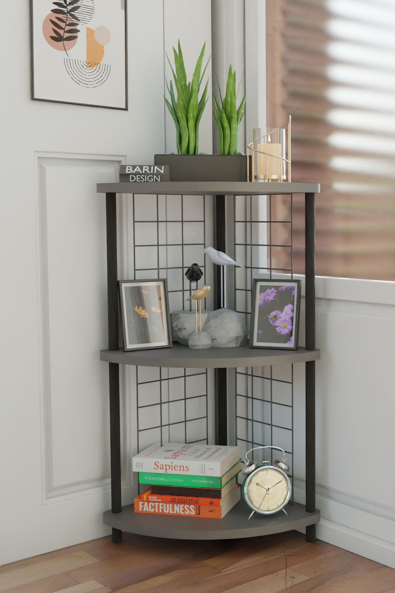 3Raflı Metal Telli Köşe Kitaplık Çevir-Kur Raf Ünitesi Modern Salon Dekoratif Raf Ofis Çalışma Odası Antrasit