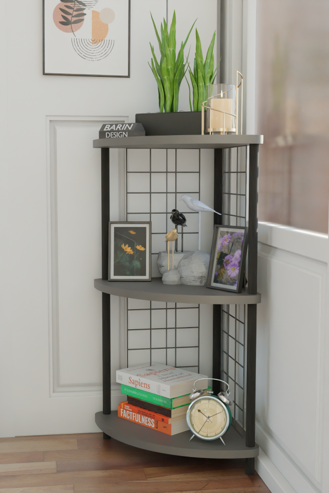 3Raflı Metal Telli Köşe Kitaplık Çevir-Kur Raf Ünitesi Modern Salon Dekoratif Raf Ofis Çalışma Odası Antrasit