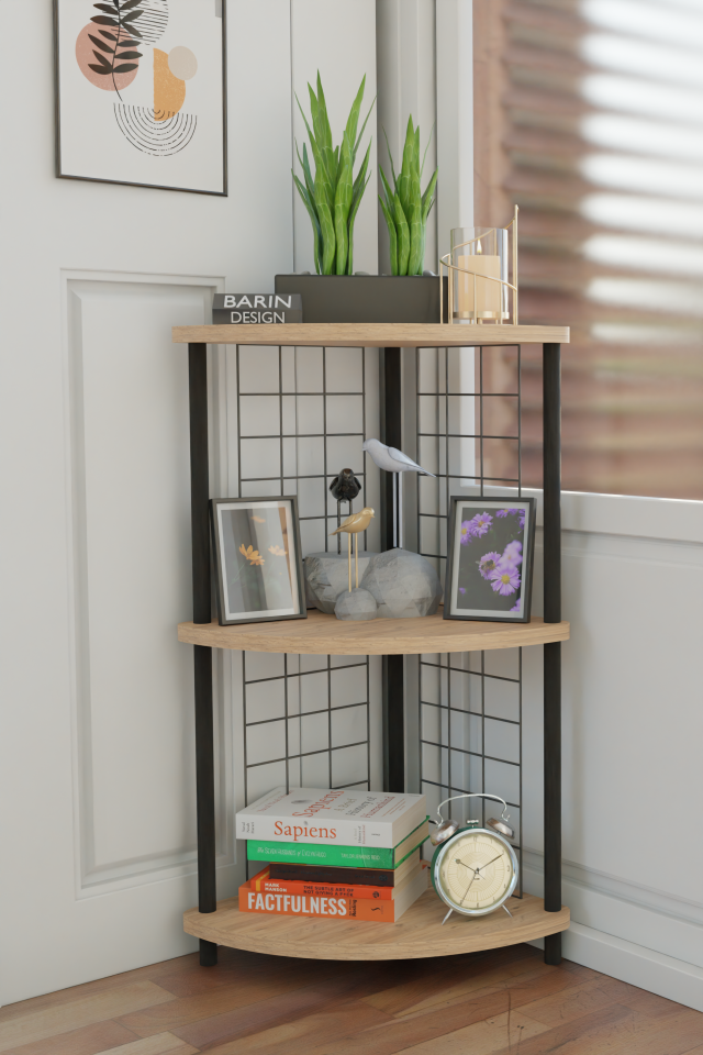 Barın Design 3Raflı Metal Telli Köşe Kitaplık Çevir-Kur Raf Ünitesi Modern Salon Dekoratif Raf Ofis Çalışma Odası Atlantik Çam
