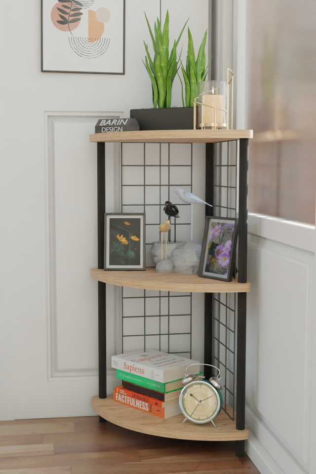 Barın Design 3Raflı Metal Telli Köşe Kitaplık Çevir-Kur Raf Ünitesi Modern Salon Dekoratif Raf Ofis Çalışma Odası Atlantik Çam