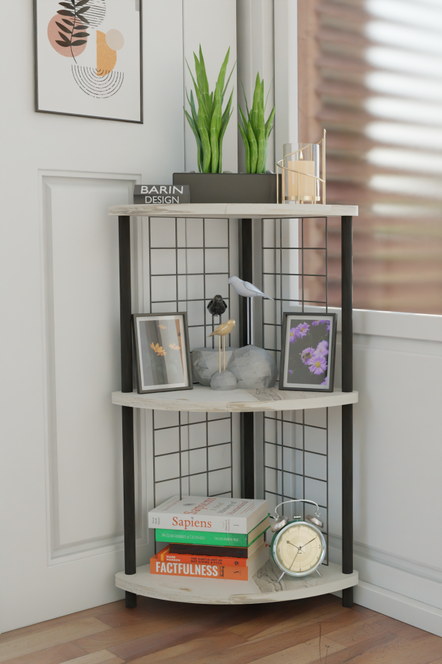 3Raflı Metal Telli Köşe Kitaplık Çevir-Kur Raf Ünitesi Modern Salon Dekoratif Raf Ofis Çalışma Odası Beyaz Mermer