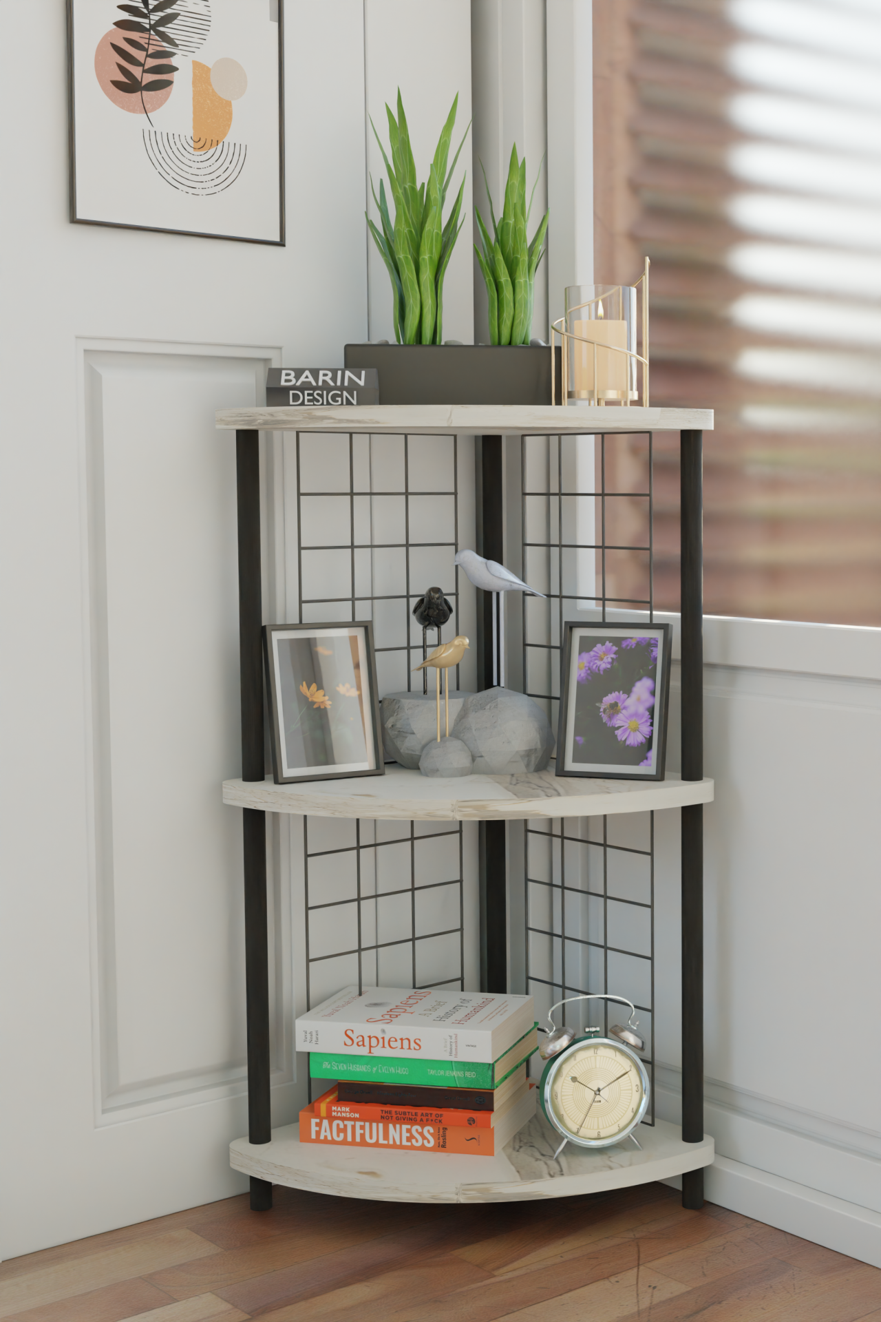 3Raflı Metal Telli Köşe Kitaplık Çevir-Kur Raf Ünitesi Modern Salon Dekoratif Raf Ofis Çalışma Odası Beyaz Mermer