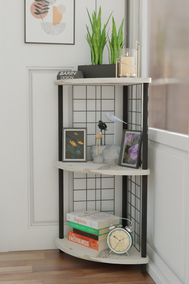 3Raflı Metal Telli Köşe Kitaplık Çevir-Kur Raf Ünitesi Modern Salon Dekoratif Raf Ofis Çalışma Odası Beyaz Mermer