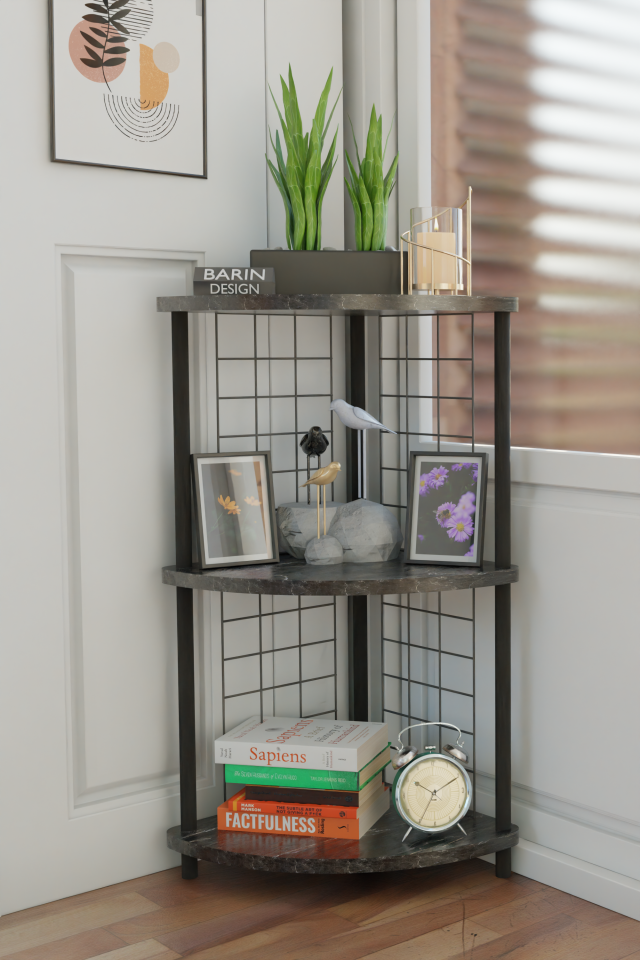 3Raflı Metal Telli Köşe Kitaplık Çevir-Kur Raf Ünitesi Modern Salon Dekoratif Raf Ofis Çalışma Odası Siyah Mermer