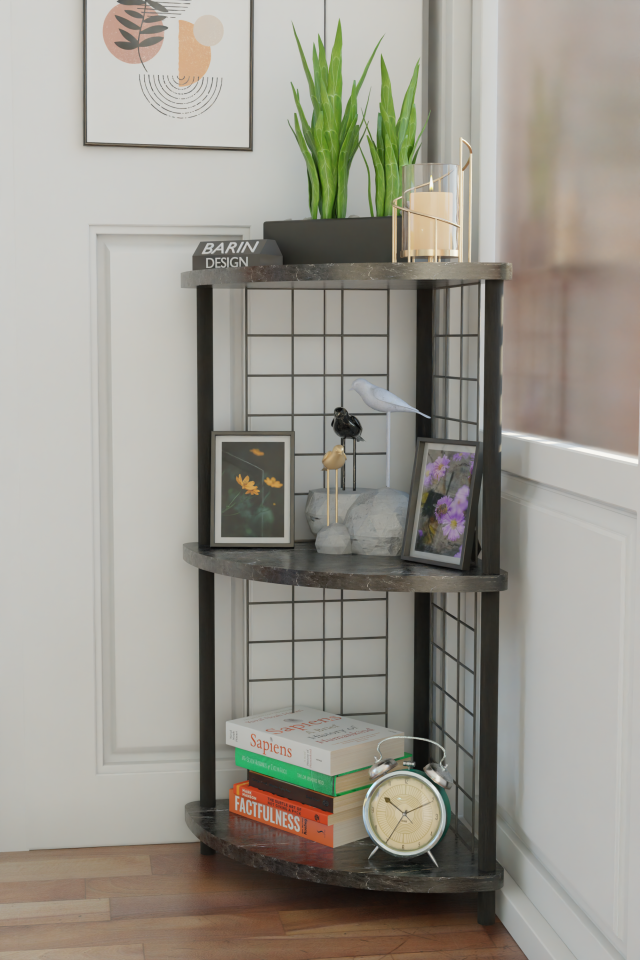 3Raflı Metal Telli Köşe Kitaplık Çevir-Kur Raf Ünitesi Modern Salon Dekoratif Raf Ofis Çalışma Odası Siyah Mermer