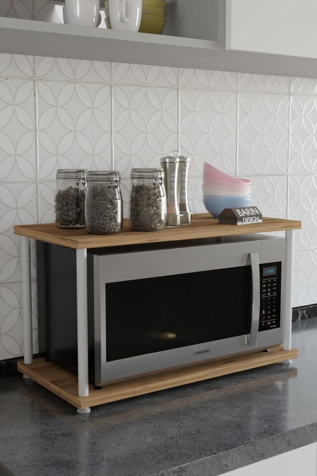 Çevir Kur Mutfak Tezgah Üstü Mikrodalga Rafı Beyaz Demir Organizer Stand Baharatlık Raf Sistemleri