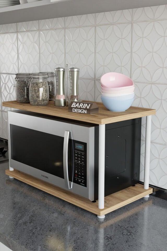 Çevir Kur Mutfak Tezgah Üstü Mikrodalga Rafı Beyaz Demir Organizer Stand Baharatlık Raf Sistemleri