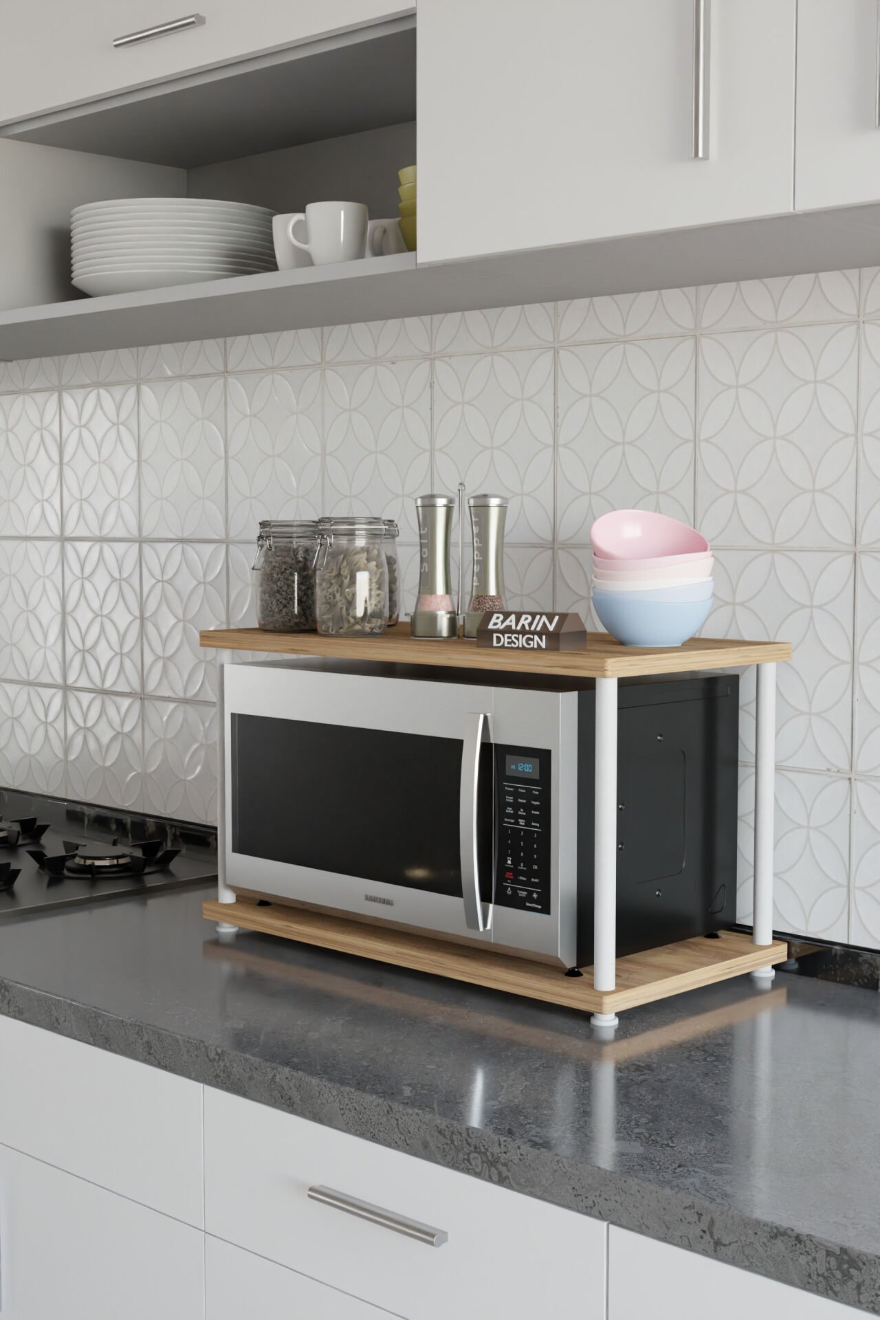 Çevir Kur Mutfak Tezgah Üstü Mikrodalga Rafı Beyaz Demir Organizer Stand Baharatlık Raf Sistemleri