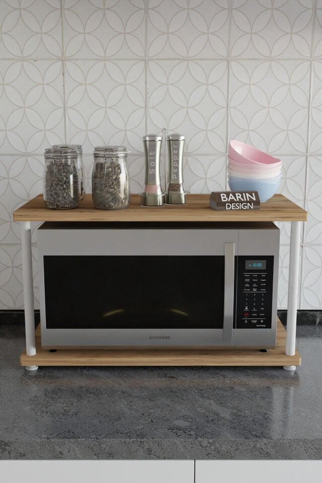 Çevir Kur Mutfak Tezgah Üstü Mikrodalga Rafı Beyaz Demir Organizer Stand Baharatlık Raf Sistemleri