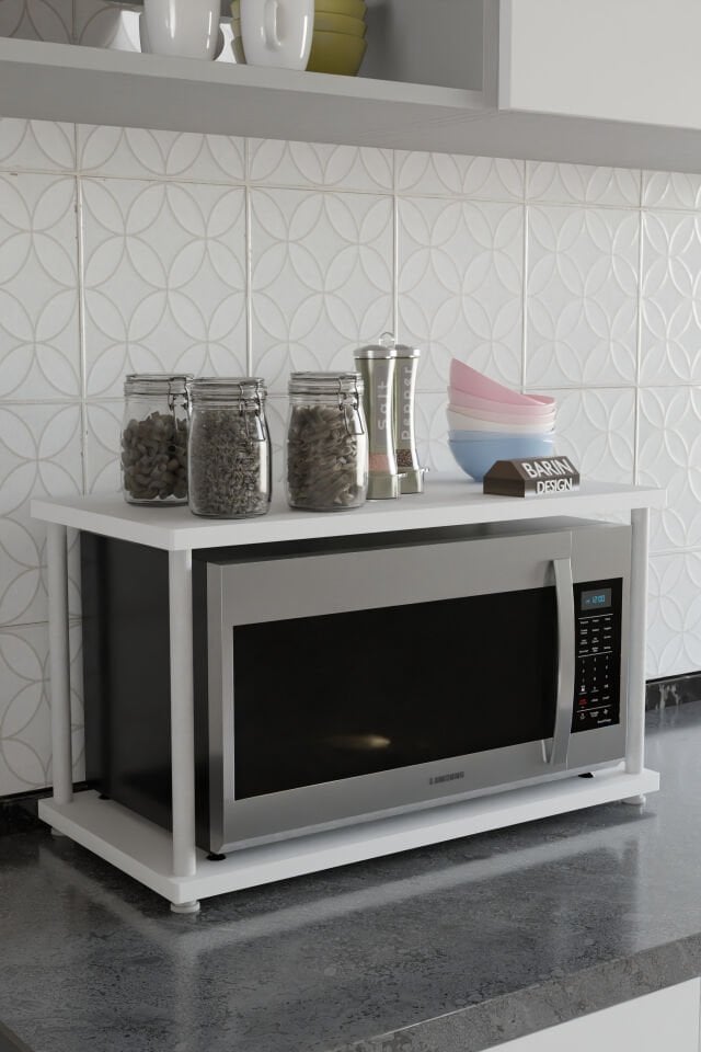 Çevir Kur Mutfak Tezgah Üstü Mikrodalga Rafı Beyaz Demir Organizer Stand Baharatlık Raf Sistemleri