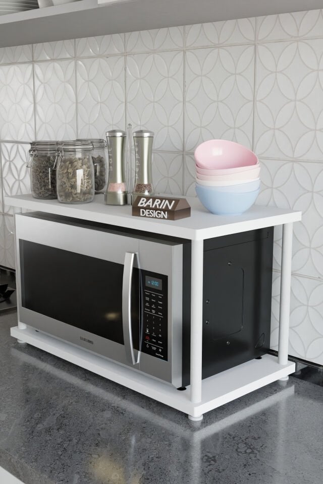 Çevir Kur Mutfak Tezgah Üstü Mikrodalga Rafı Beyaz Demir Organizer Stand Baharatlık Raf Sistemleri