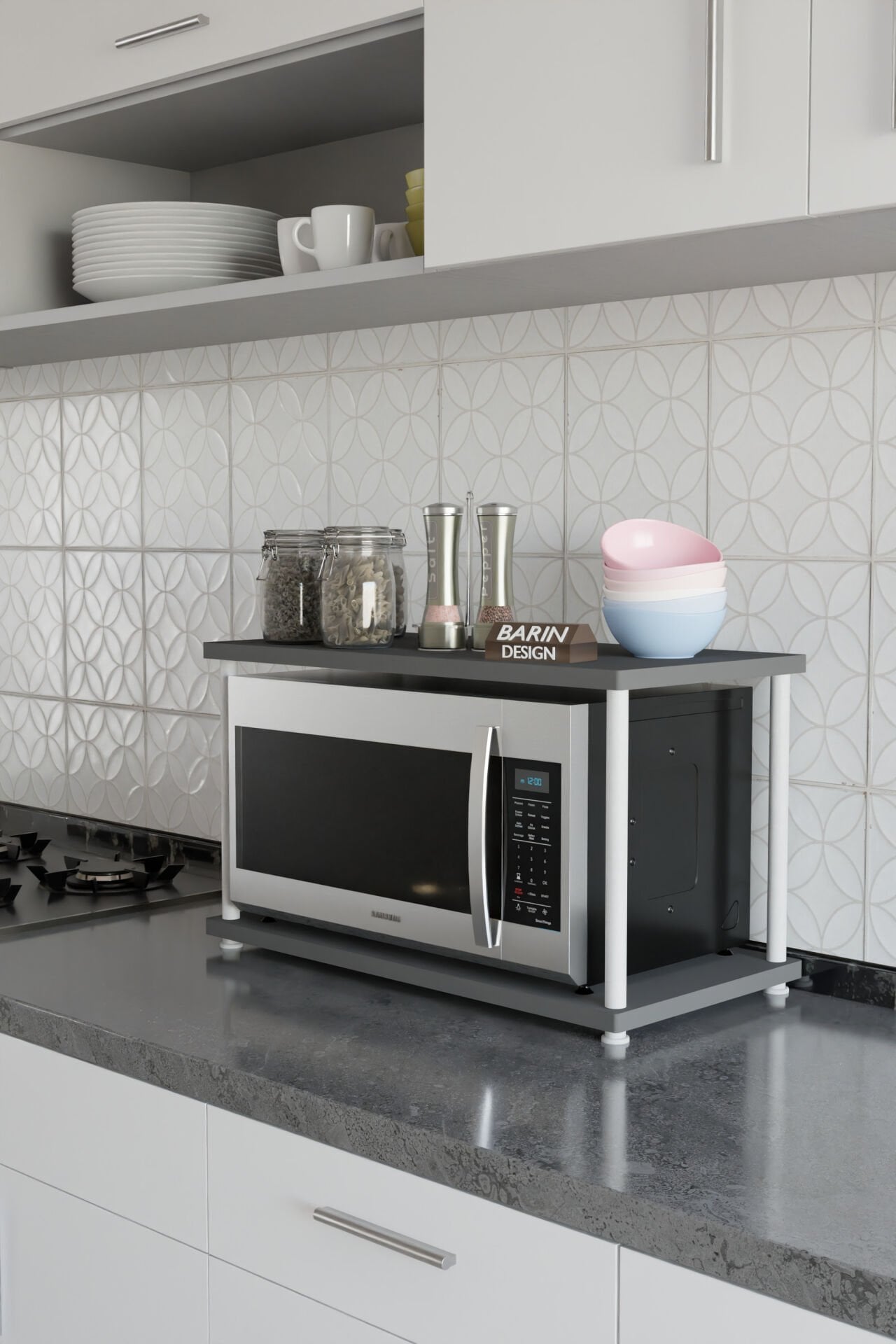 Barın Design Çevir Kur Mutfak Tezgah Üstü Mikrodalga Rafı Beyaz Demir Organizer Stand Baharatlık Raf Sistemleri Antrasit