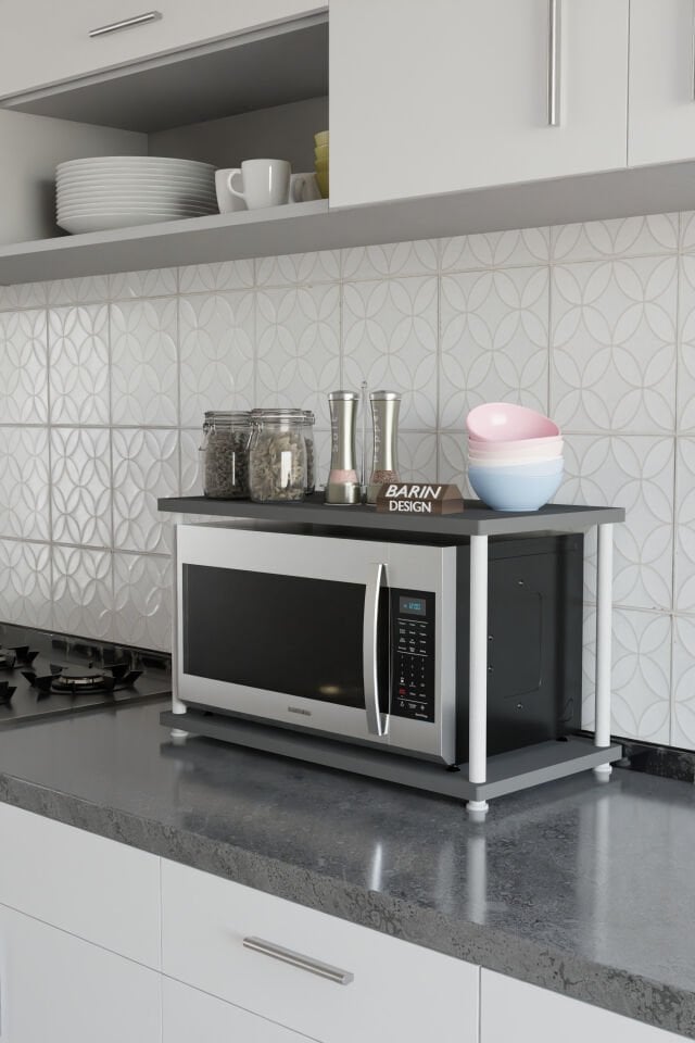 Barın Design Çevir Kur Mutfak Tezgah Üstü Mikrodalga Rafı Beyaz Demir Organizer Stand Baharatlık Raf Sistemleri Antrasit