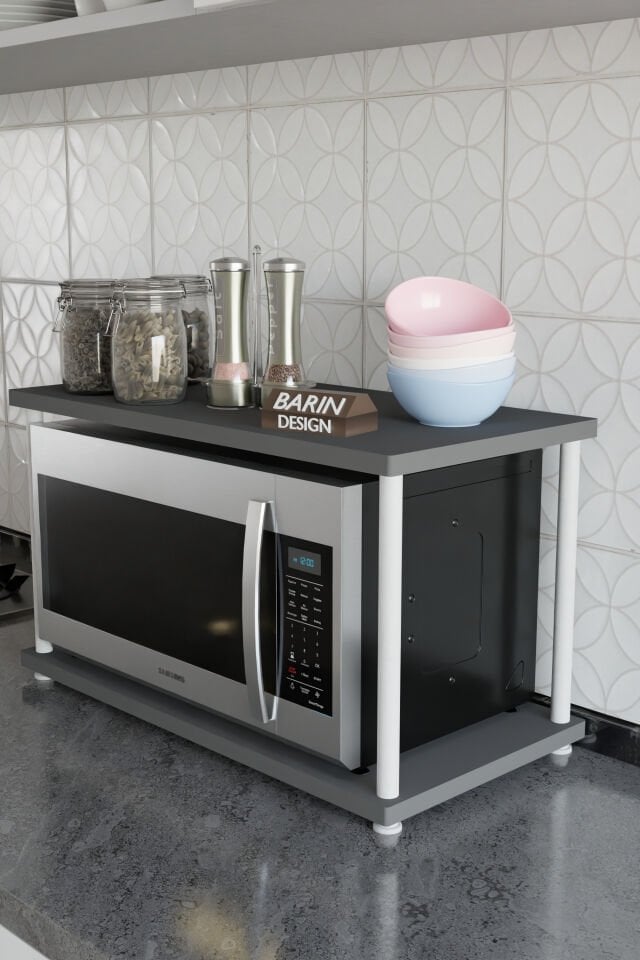 Barın Design Çevir Kur Mutfak Tezgah Üstü Mikrodalga Rafı Beyaz Demir Organizer Stand Baharatlık Raf Sistemleri Antrasit