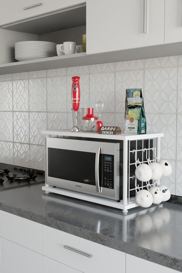 Barın Design Çevir Kur Metal Telli Mikrodalga Üstü Raf Baharatlık Askılı Beyaz Demir Çok Amaçlı Mutfak Organizer Beyaz