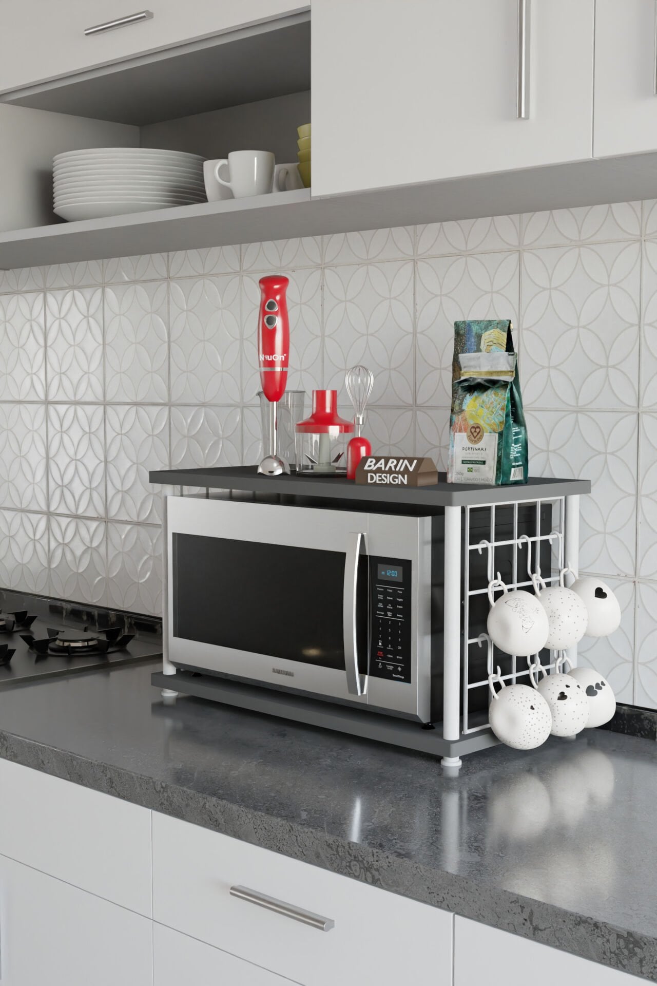 Barın Design Çevir Kur Metal Telli Mikrodalga Üstü Raf Baharatlık Askılı Beyaz Demir Çok Amaçlı Mutfak Organizer Antrasit