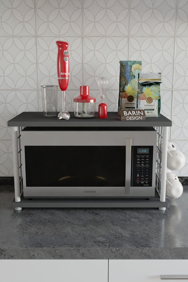 Barın Design Çevir Kur Metal Telli Mikrodalga Üstü Raf Baharatlık Askılı Beyaz Demir Çok Amaçlı Mutfak Organizer Antrasit