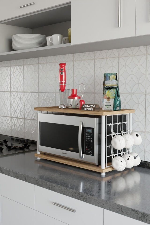 Barın Design Çevir Kur Metal Telli Mikrodalga Üstü Raf Baharatlık Askılı Beyaz Demir Çok Amaçlı Mutfak Organizer Atlantik Çam