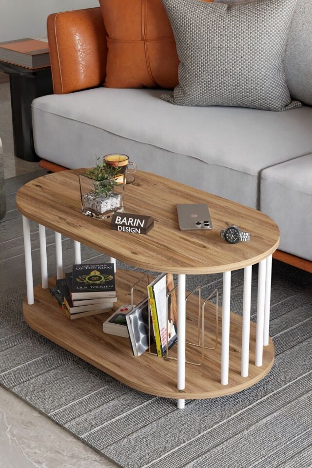 Modern Oval Orta Sehpa Çift Katlı Metal Ayaklı Salon, Ofis, Dekoratif Sehpa, Beyaz Demir