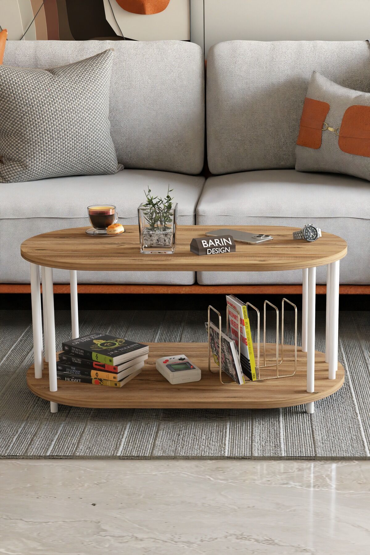 Modern Oval Orta Sehpa Çift Katlı Metal Ayaklı Salon, Ofis, Dekoratif Sehpa, Beyaz Demir