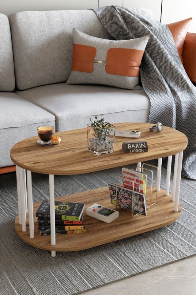 Modern Oval Orta Sehpa Çift Katlı Metal Ayaklı Salon, Ofis, Dekoratif Sehpa, Beyaz Demir