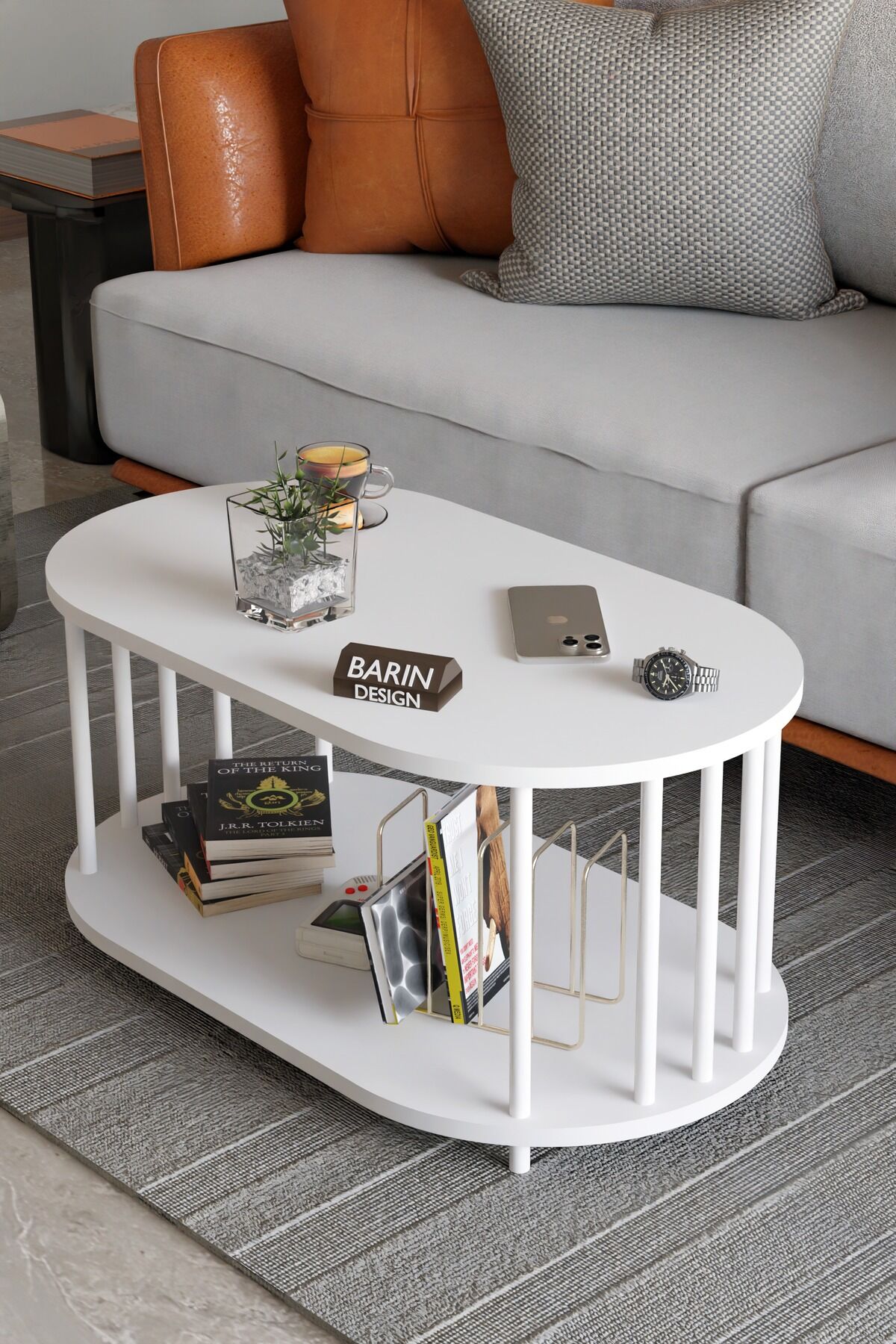 Modern Oval Orta Sehpa Çift Katlı Metal Ayaklı Salon, Ofis, Dekoratif Sehpa, Beyaz Demir