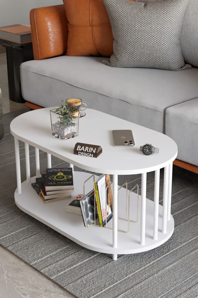 Modern Oval Orta Sehpa Çift Katlı Metal Ayaklı Salon, Ofis, Dekoratif Sehpa, Beyaz Demir