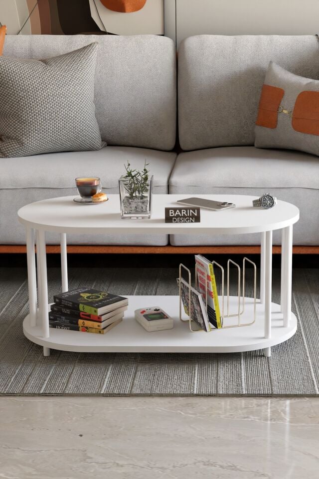 Modern Oval Orta Sehpa Çift Katlı Metal Ayaklı Salon, Ofis, Dekoratif Sehpa, Beyaz Demir