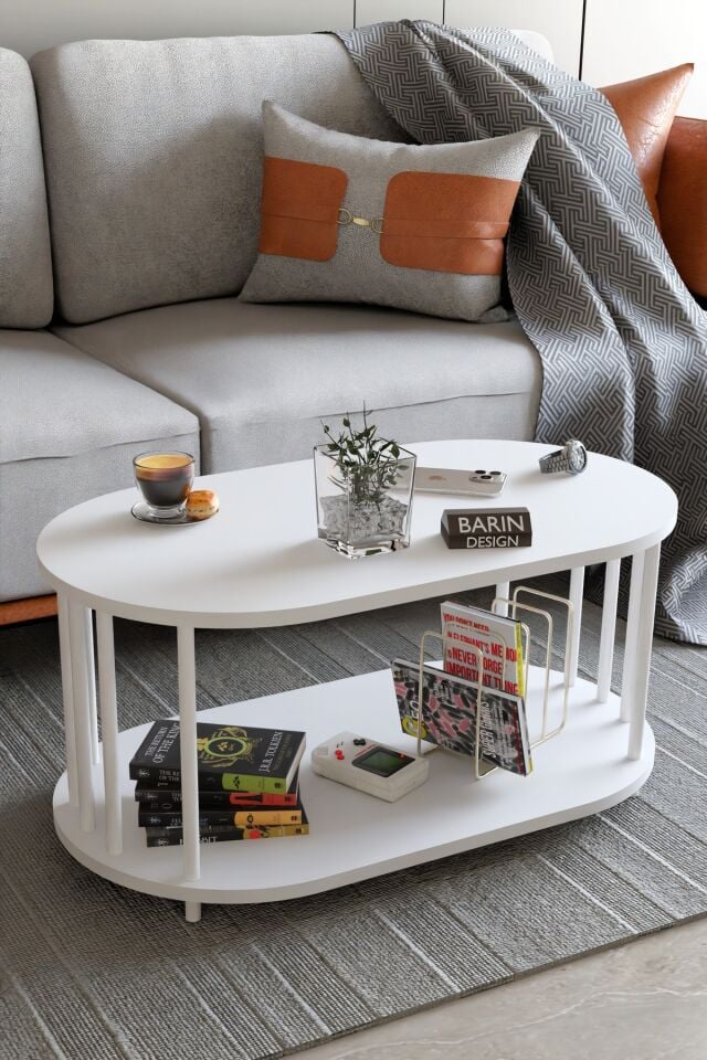 Modern Oval Orta Sehpa Çift Katlı Metal Ayaklı Salon, Ofis, Dekoratif Sehpa, Beyaz Demir