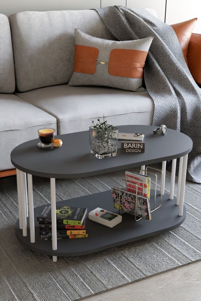 Modern Oval Orta Sehpa Çift Katlı Metal Ayaklı Salon, Ofis, Dekoratif Sehpa, Beyaz Demir